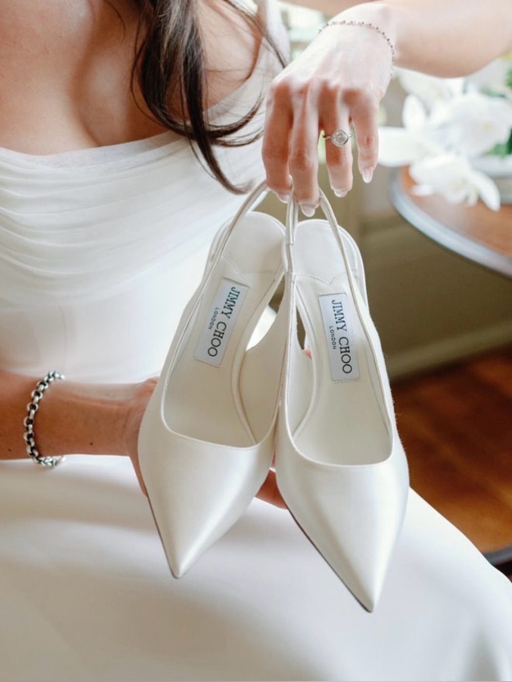 Jimmy Choo Cream Satin Pointed-Toe Slingback Pumps